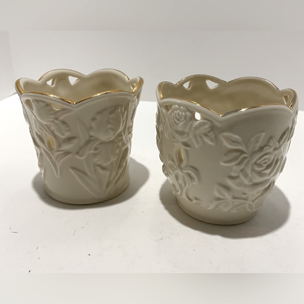 Set of 2 Lenox Illuminations Votives Rose and Iris Ivory with Gold Trim 3.25"